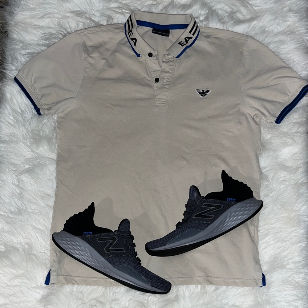 Emporio Armani Men's Cream Polo with Blue Trim
